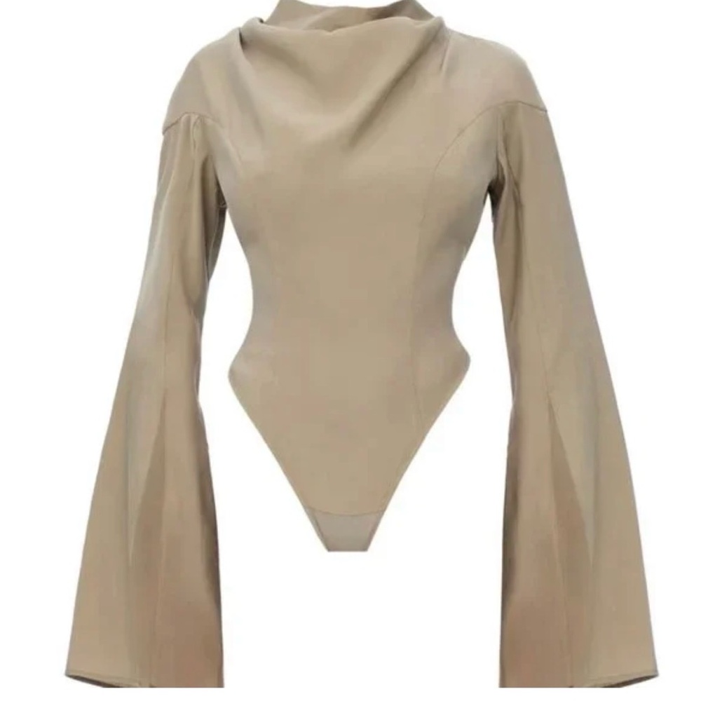 Andrea Iyamah Tan Bodysuit with Flared Sleeves